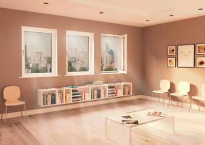 Heller moderner Wohnraum mit Holzboden und Tisch – Insektenschutz ohne Bohren für Fenster und Türen