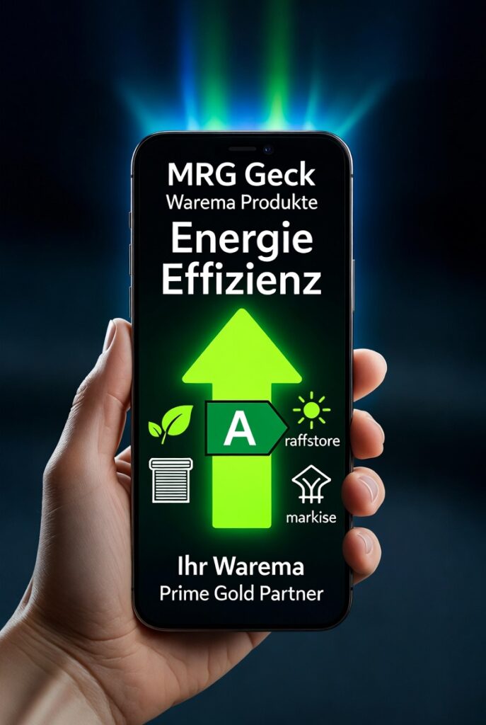 Tablet mit grünem Energieeffizienz-Pfeil und Warema Sonnenschutz von MRG Geck