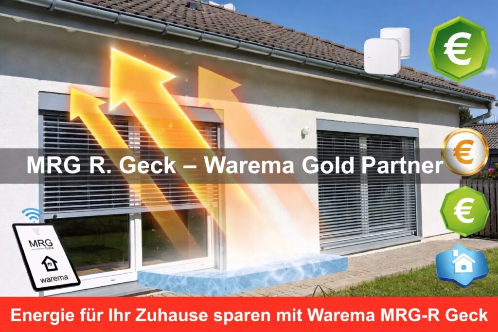 Modernes Einfamilienhaus mit Warema Außenjalousien (Raffstores) und Rollläden von MRG R. Geck – Warema Gold Partner. Visualisierung der Energieeinsparung: Sonnenwärme wird im Sommer blockiert und Wärmeverluste im Winter reduziert.