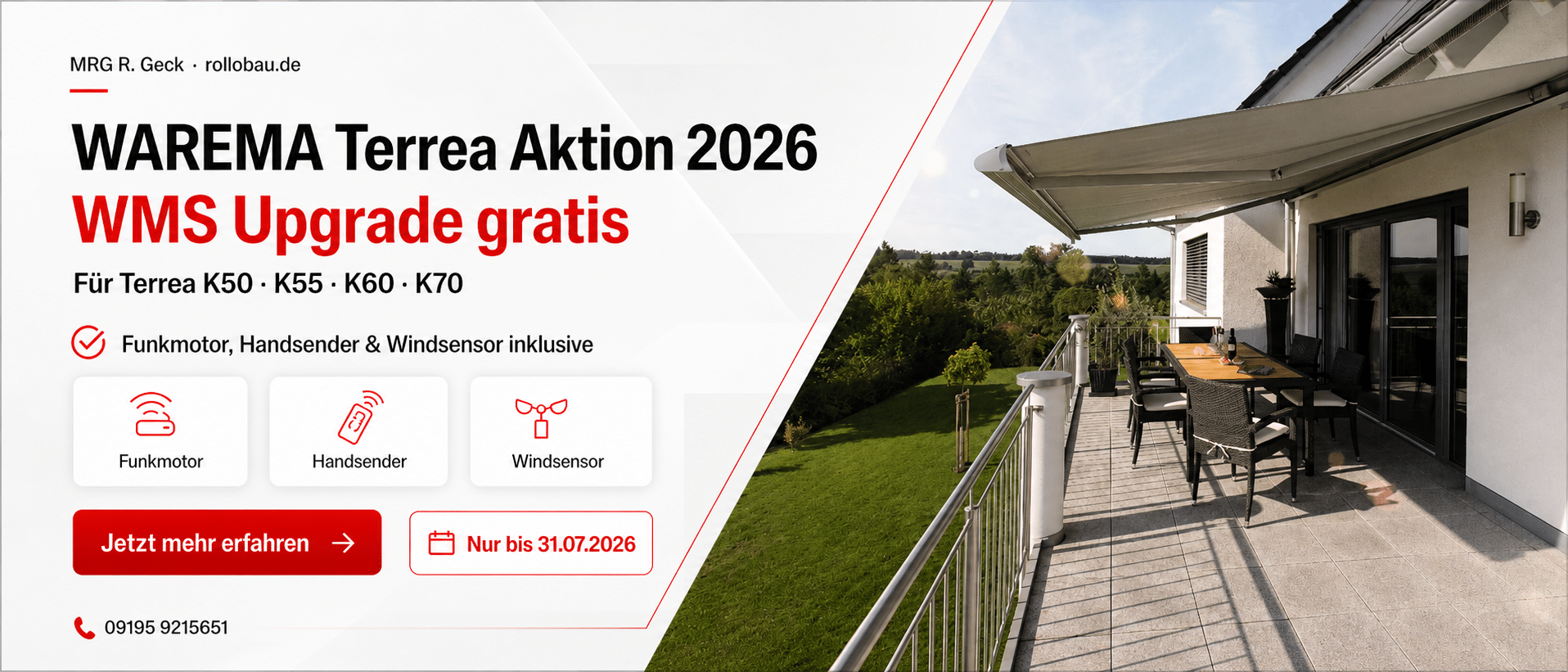 WAREMA Terrea Aktion 2026 mit WMS Upgrade gratis für Terrea K50, K55, K60 und K70 bei Rollobau MRG R. Geck