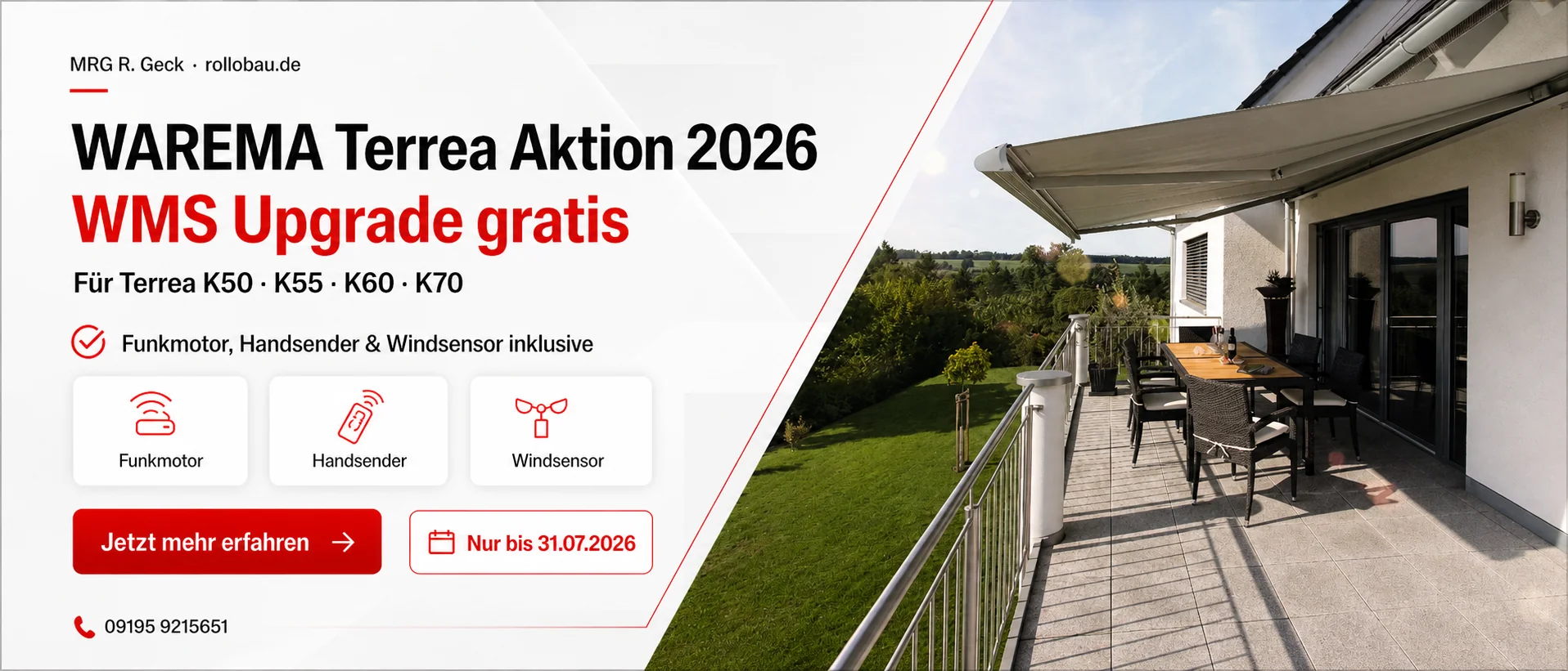 WAREMA Terrea Aktion 2026 mit WMS Upgrade gratis für Terrea K50, K55, K60 und K70 bei Rollobau MRG R. Geck